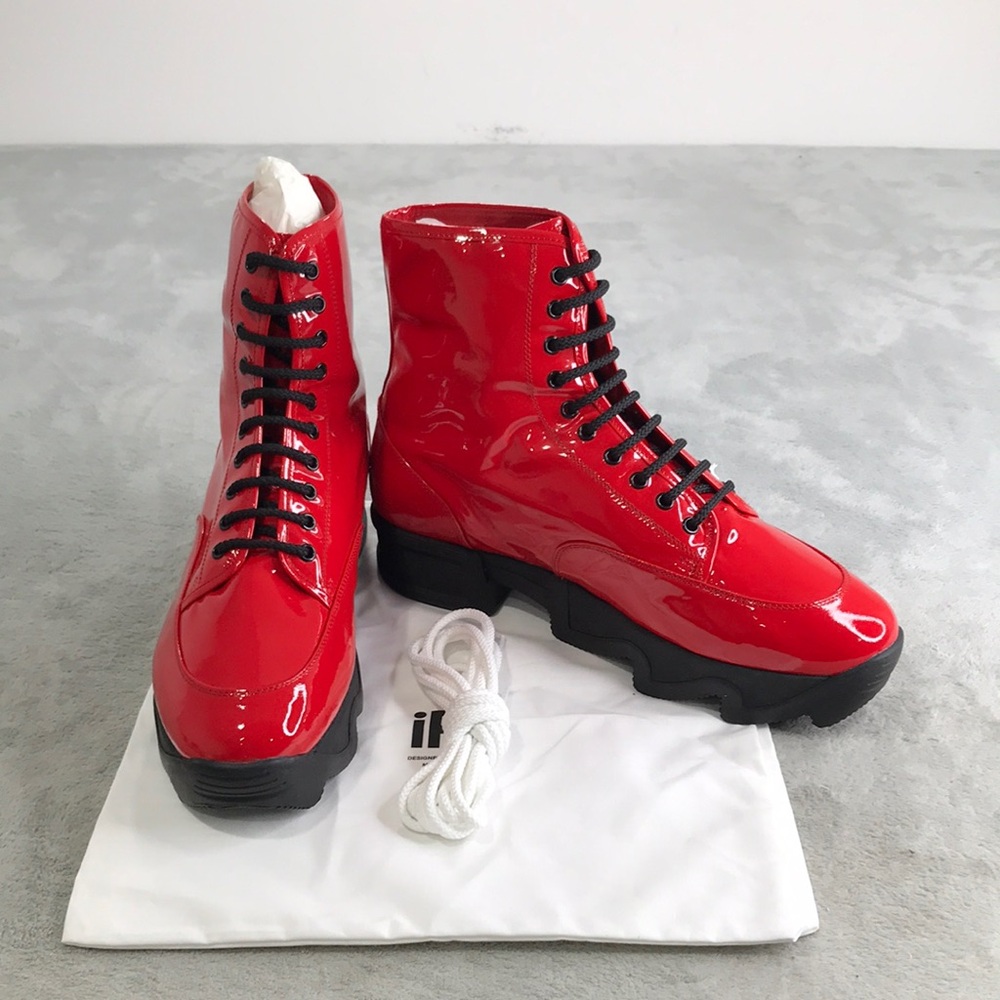 iRi Red Patent Leather Lace Up Combat Boots Euro Size 46  New